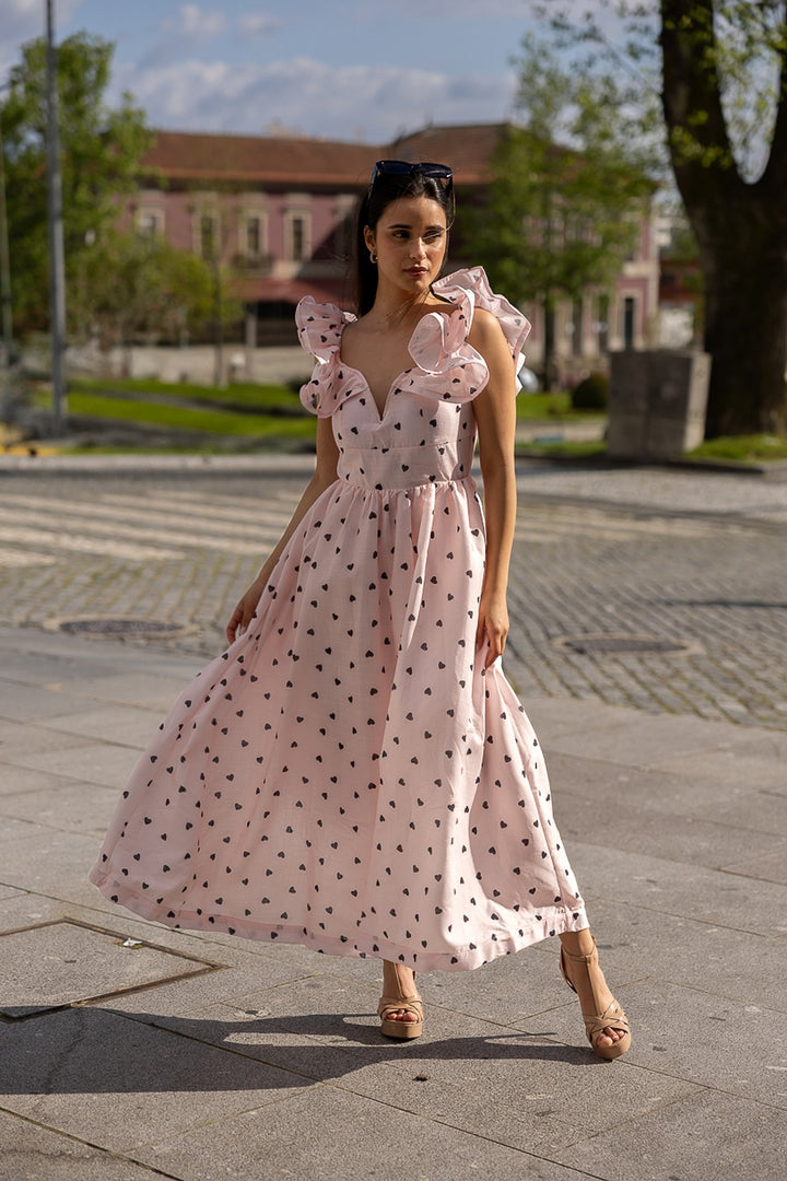 VESTIDO COMPRIDO ESTAMPADO CORAÇÕES PONTO CHIC