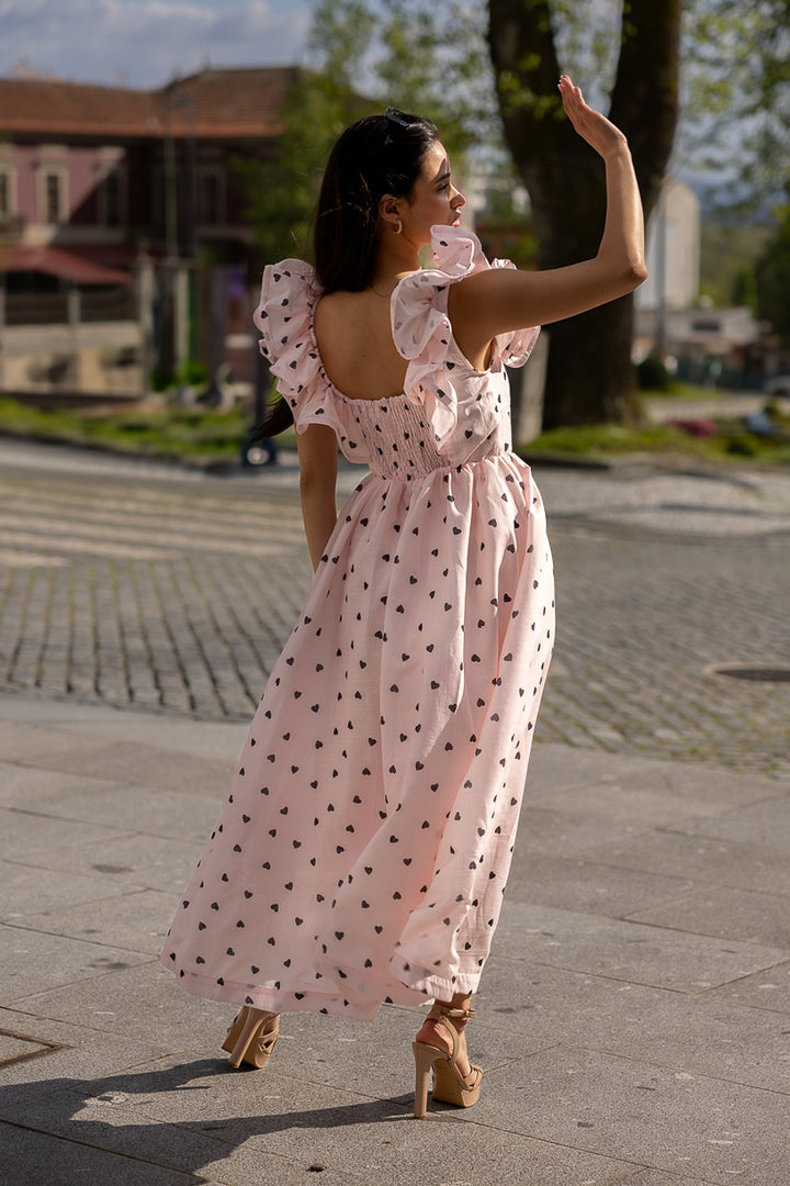VESTIDO COMPRIDO ESTAMPADO CORAÇÕES PONTO CHIC