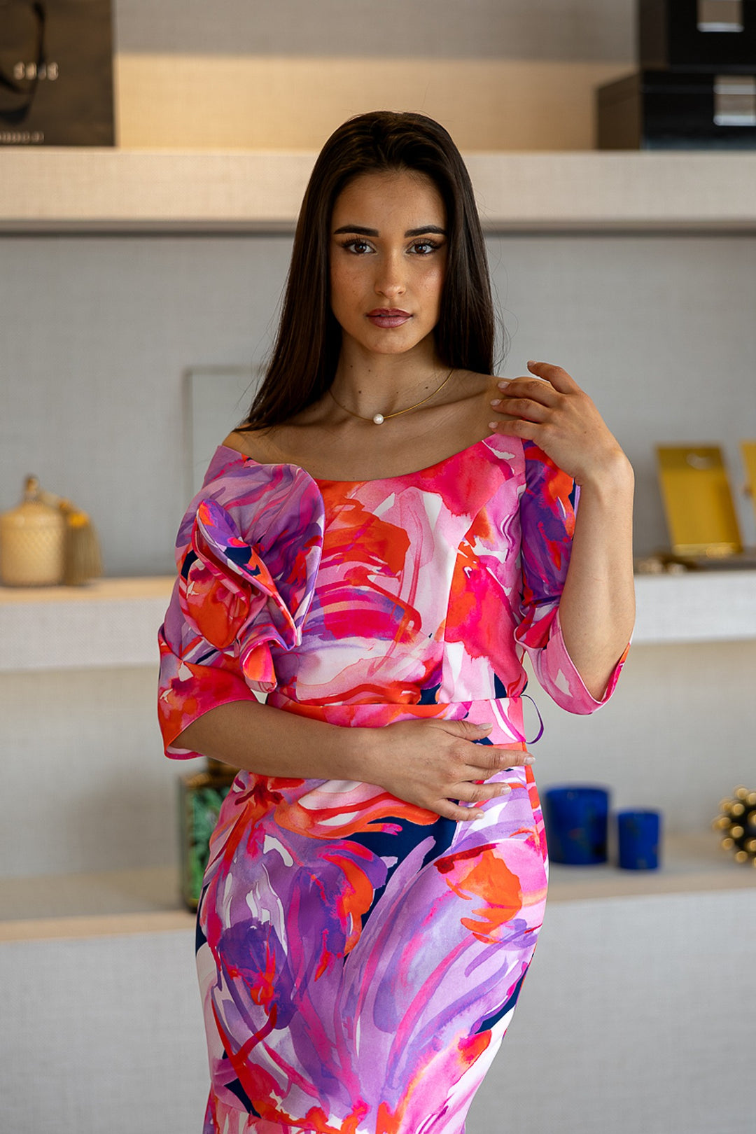 VESTIDO ESTAMPADO COM FOLHO PONTO CHIC