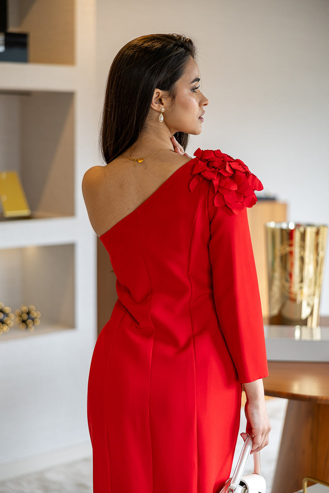 VESTIDO COMPRIDO VERMELHO COM APLICAÇÃO PONTO CHIC