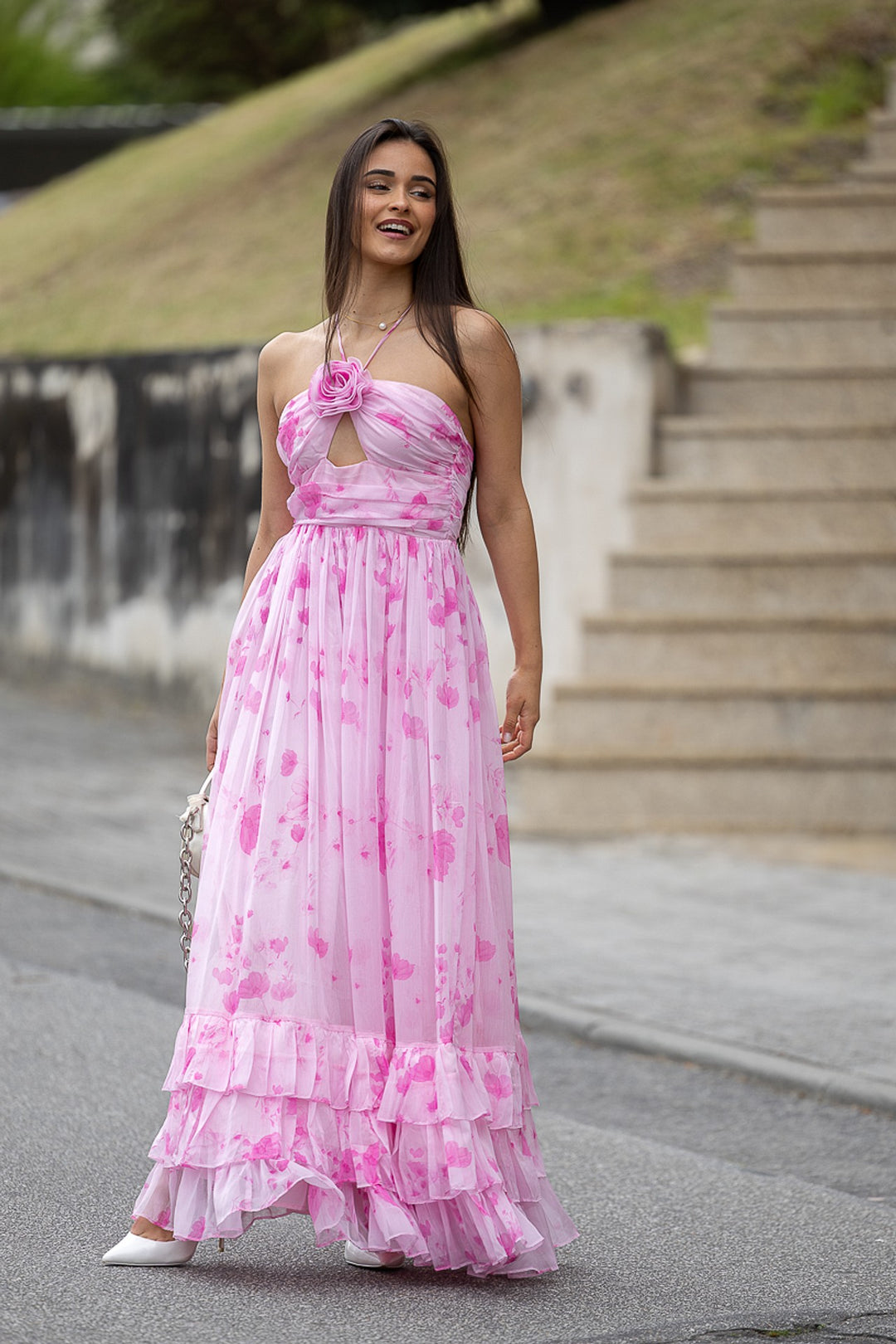 VESTIDO COM ESTAMPA LEVE ROSA PONTO CHIC