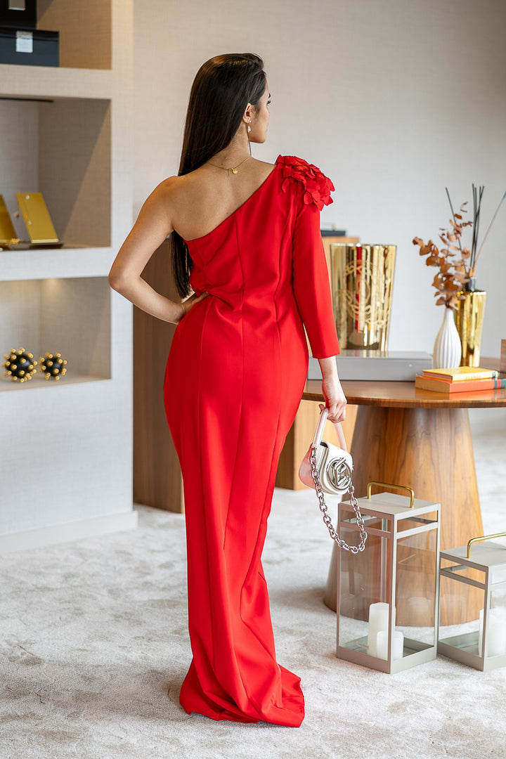 VESTIDO COMPRIDO VERMELHO COM APLICAÇÃO PONTO CHIC