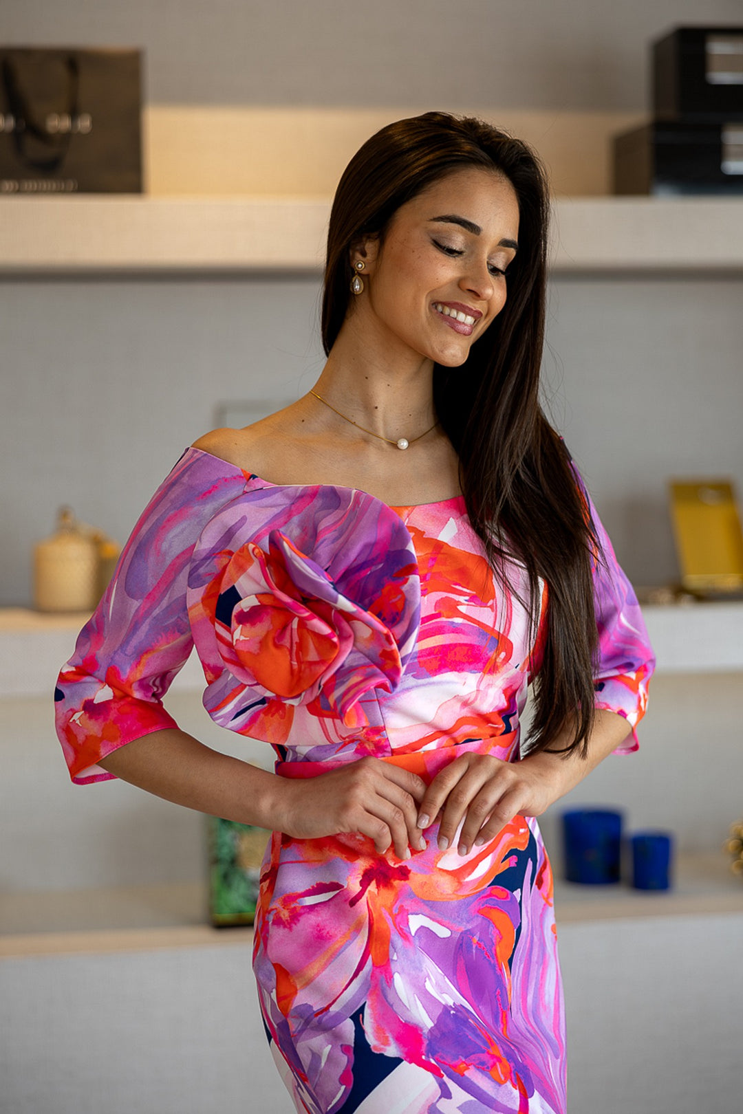 VESTIDO ESTAMPADO COM FOLHO PONTO CHIC