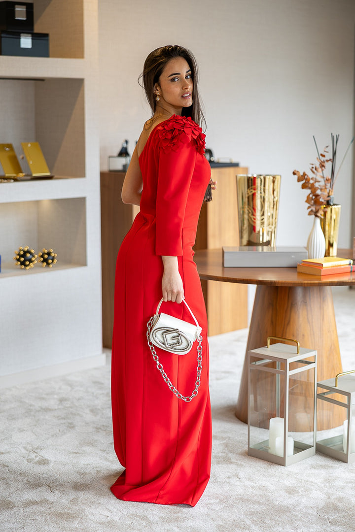 VESTIDO COMPRIDO VERMELHO COM APLICAÇÃO PONTO CHIC