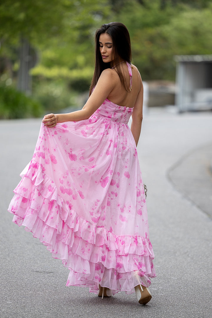 VESTIDO COM ESTAMPA LEVE ROSA PONTO CHIC
