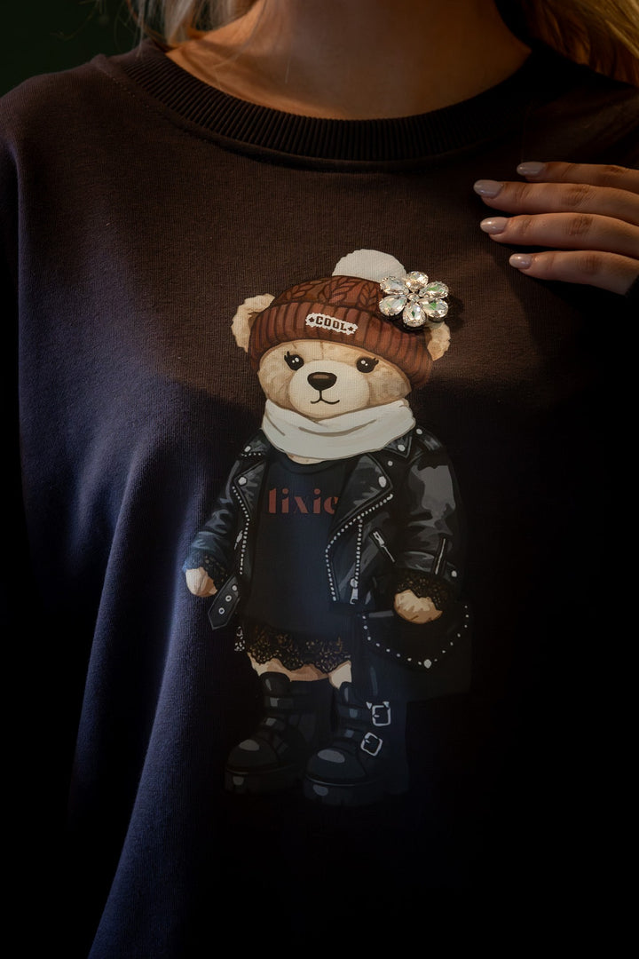 SWEATSHIRT PRETA COM URSO APLICADO DIXIE