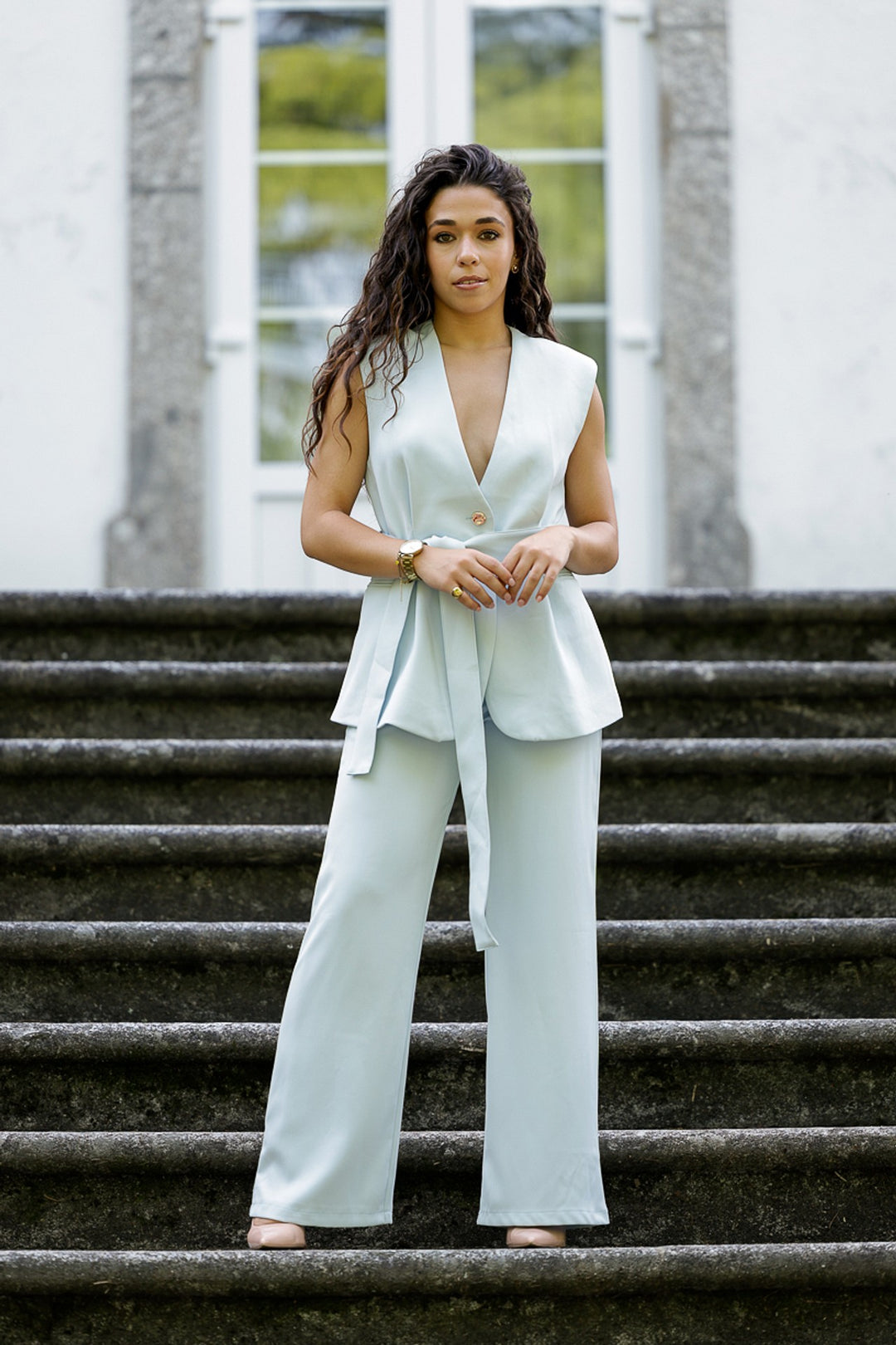 CONJUNTO AZUL COLETE E PANTALONA PONTO CHIC