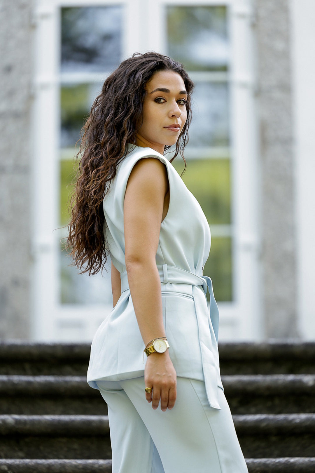 CONJUNTO AZUL COLETE E PANTALONA PONTO CHIC