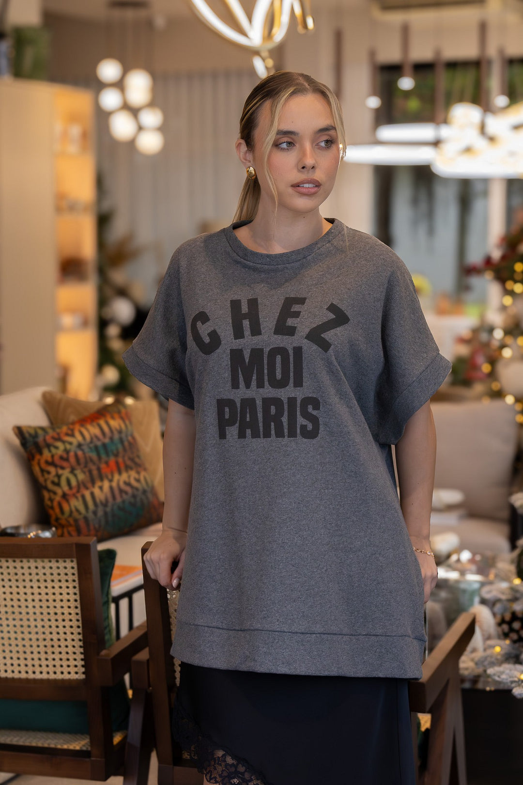 VESTIDO SWEAT CINZENTO COM LETRAS CHEZ MOI PARIS DIXIE