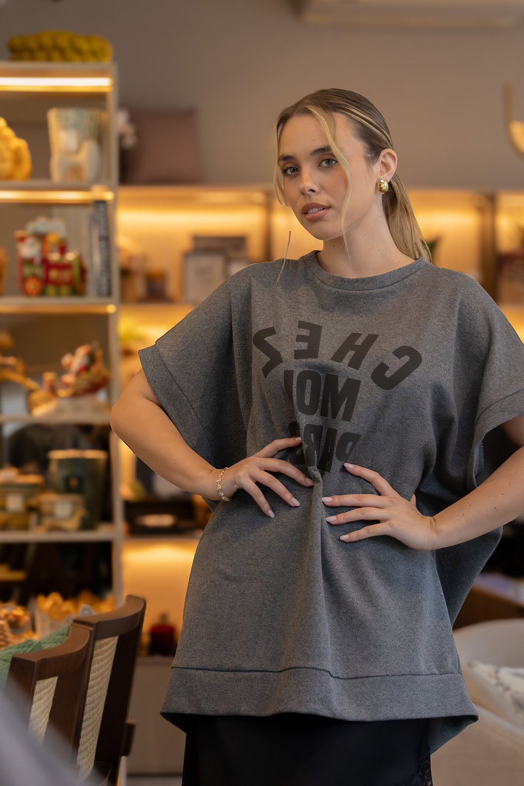 VESTIDO SWEAT CINZENTO COM LETRAS CHEZ MOI PARIS DIXIE