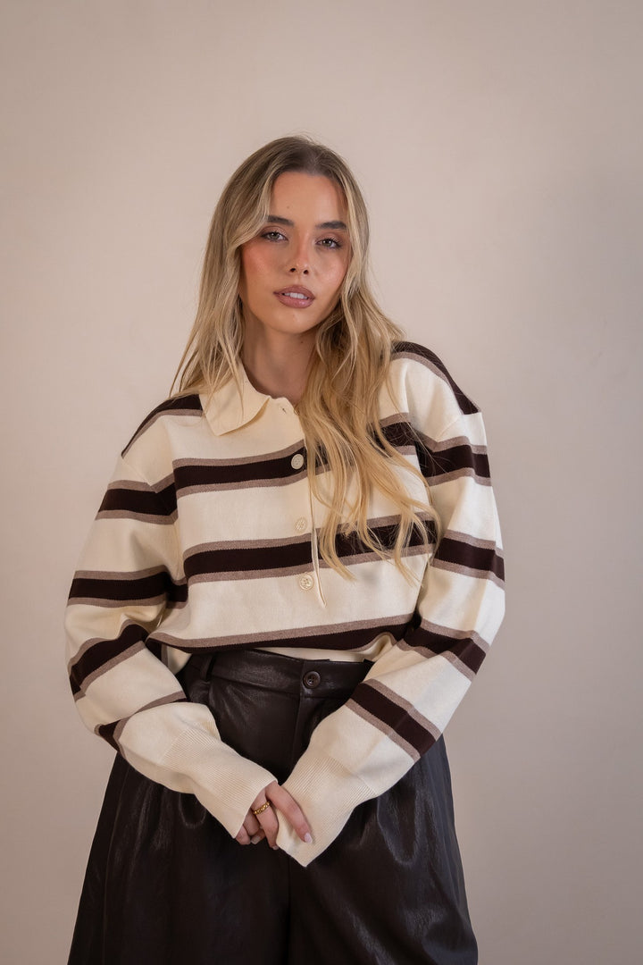 CAMISOLA ÀS RISCAS CASTANHA E BEGE PONTO CHIC