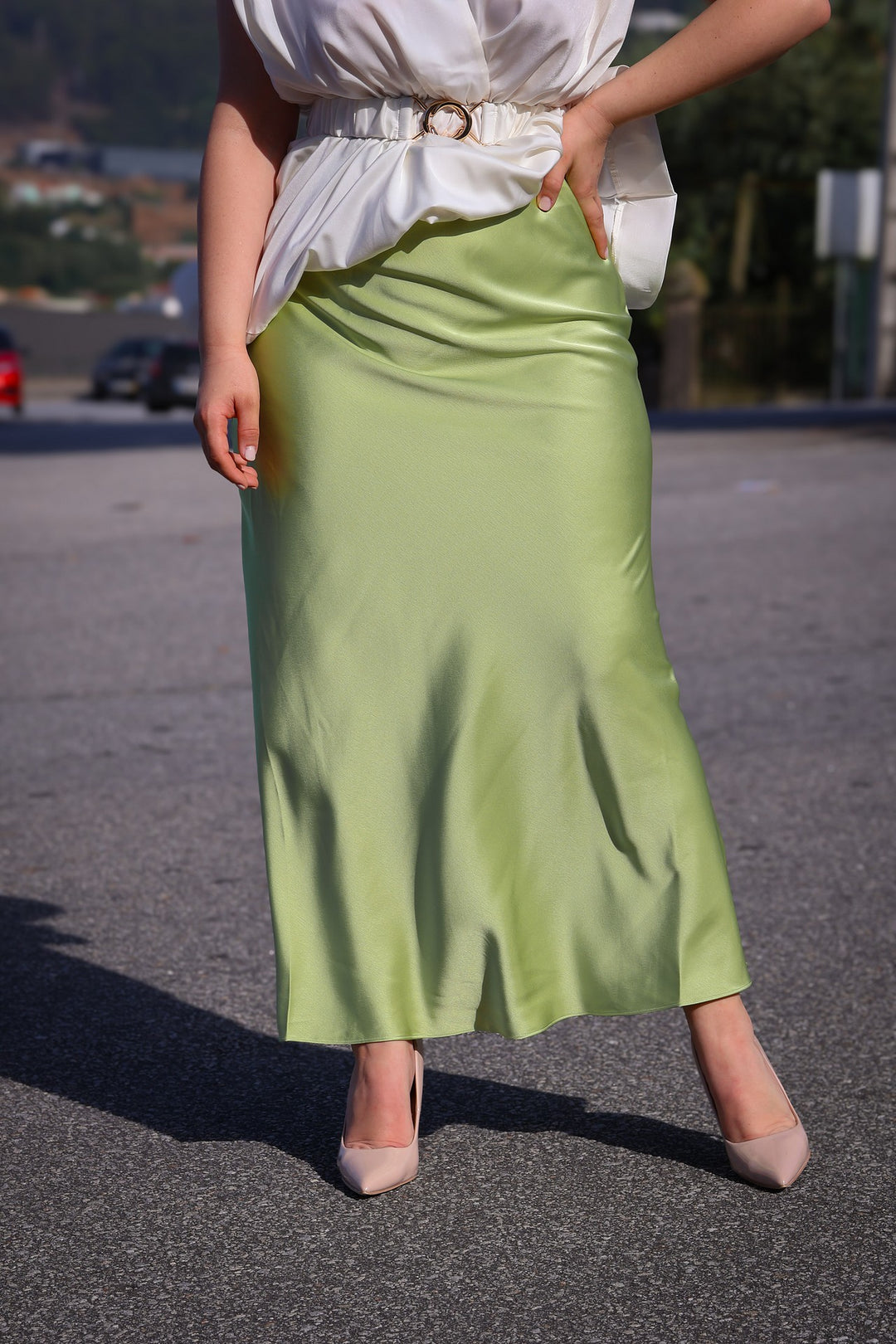 SAIA ACETINADA VERDE PONTO CHIC