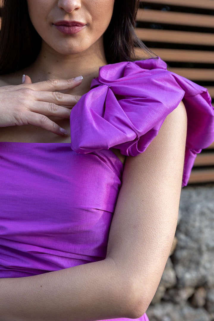 VESTIDO MIDI ORQUÍDEA ASSIMÉTRICO PONTO CHIC