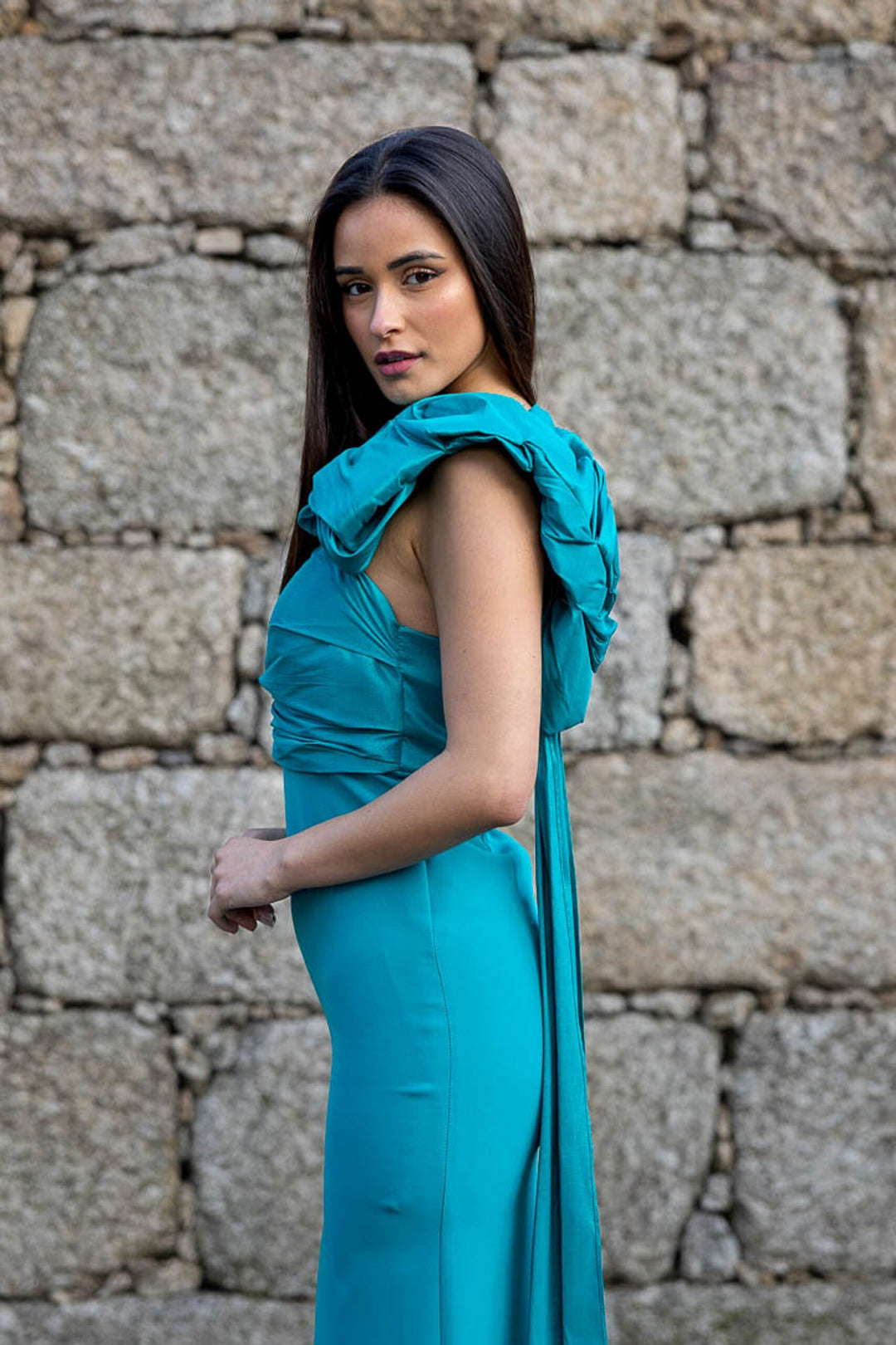 VESTIDO MIDI TURQUESA  ASSIMÉTRICO PONTO CHIC