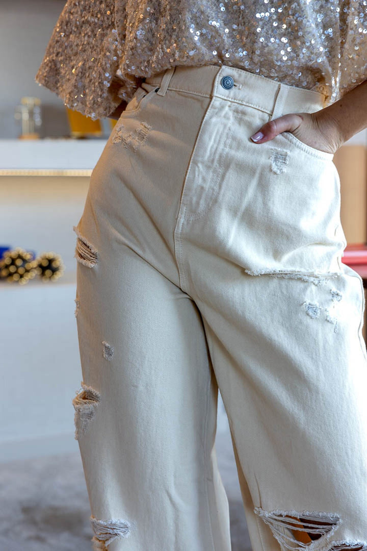 CALÇA GANGA BEGE COM RASGOS ANIYE BY