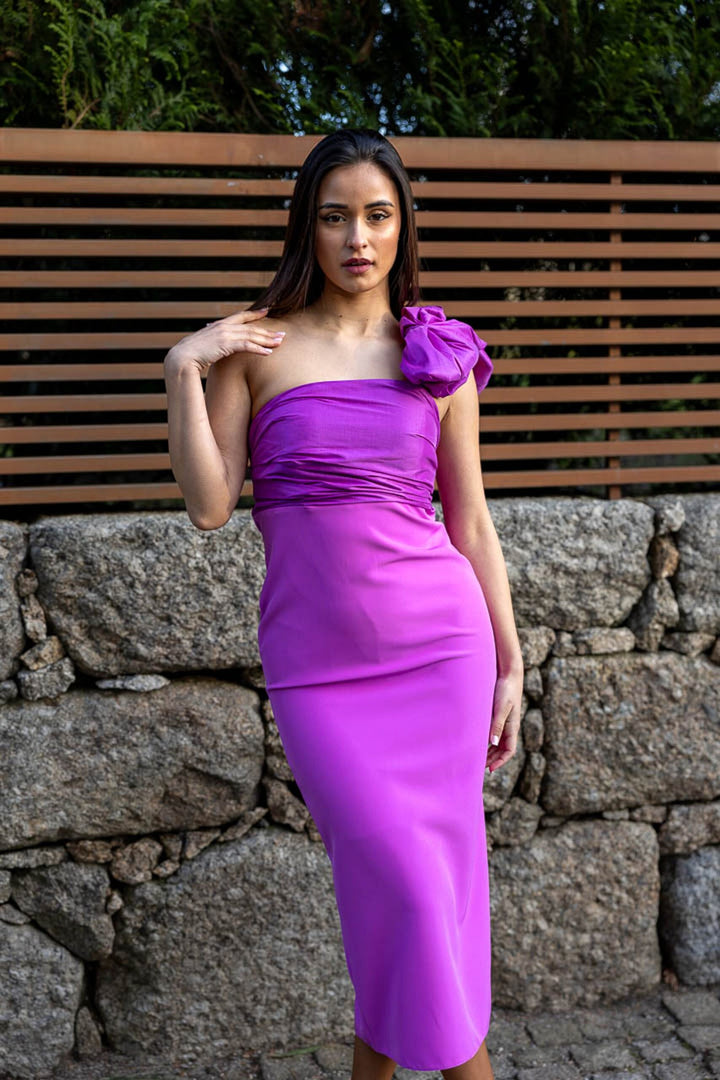 VESTIDO MIDI ORQUÍDEA ASSIMÉTRICO PONTO CHIC