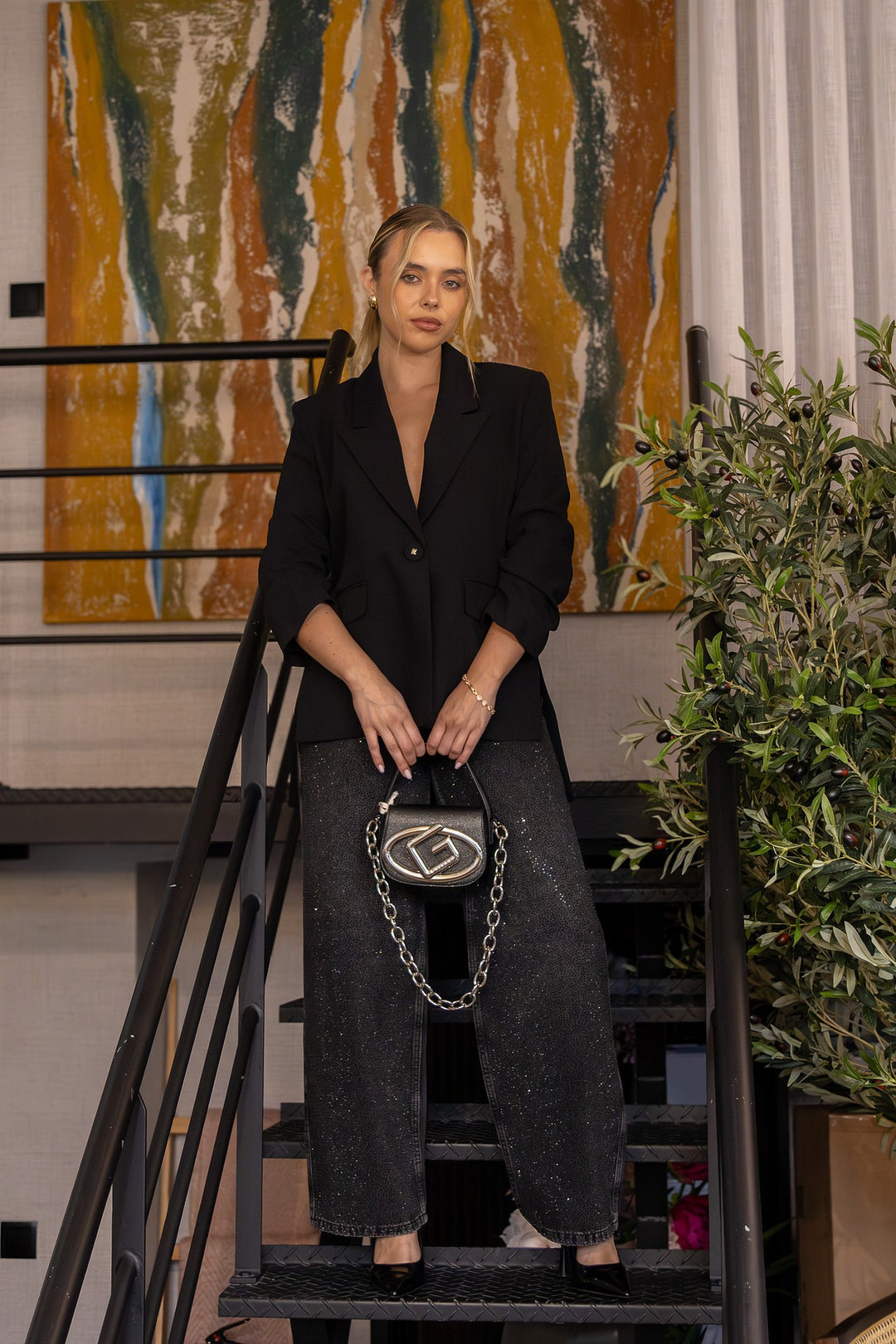 CALÇA PRETA PALAZZO COM STRASS FRACOMINA
