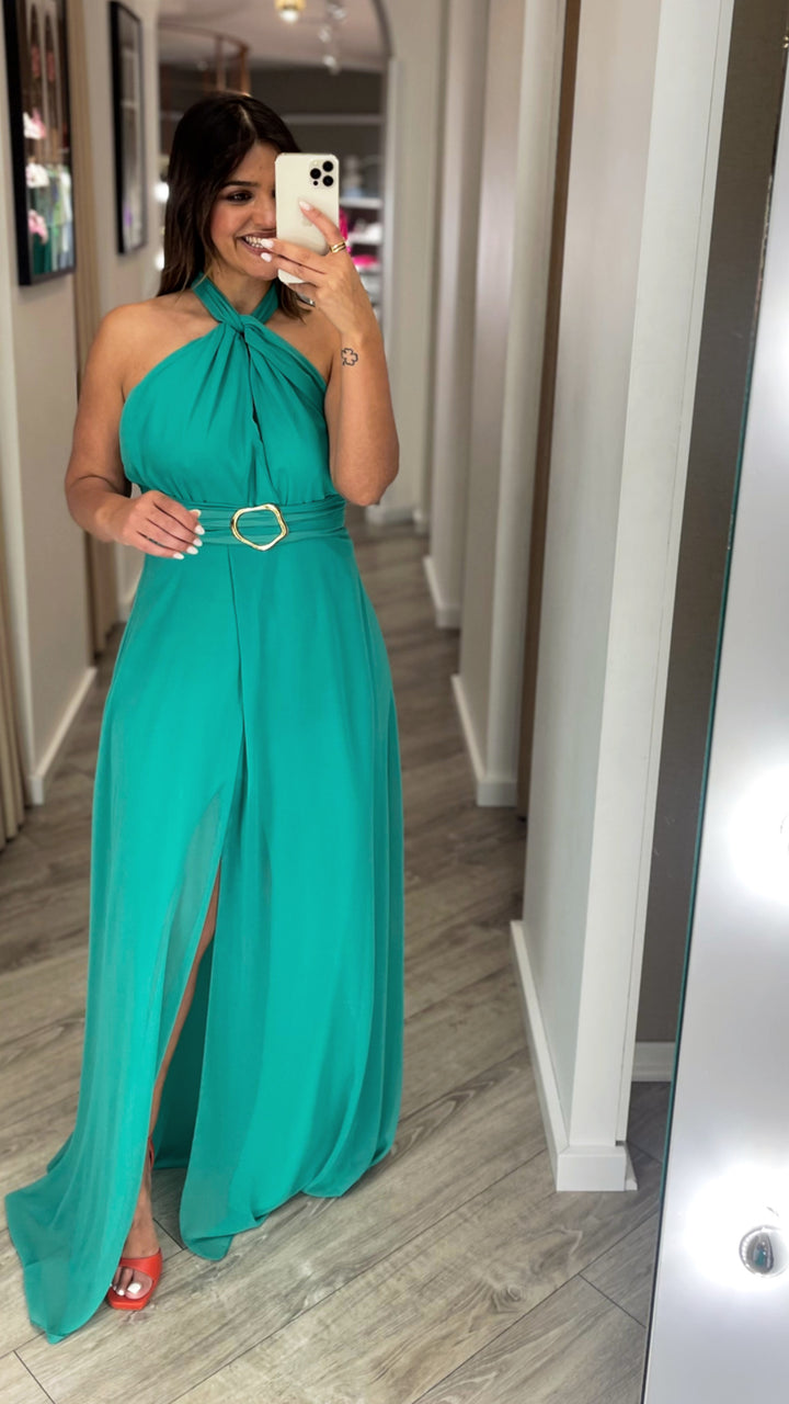 VESTIDO LONGO VERDE COM FIVELA DOURADA PONTO CHIC