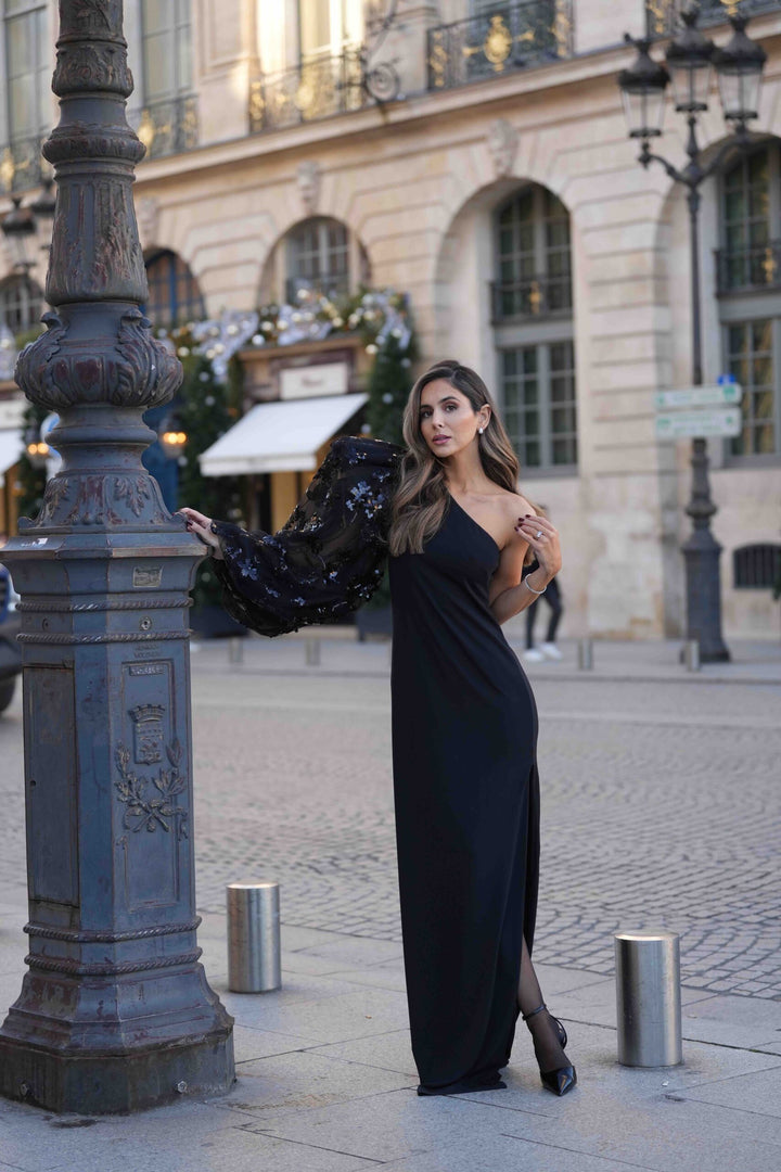 VESTIDO PRETO MANGA BUFANTE PONTO CHIC PREMIUM