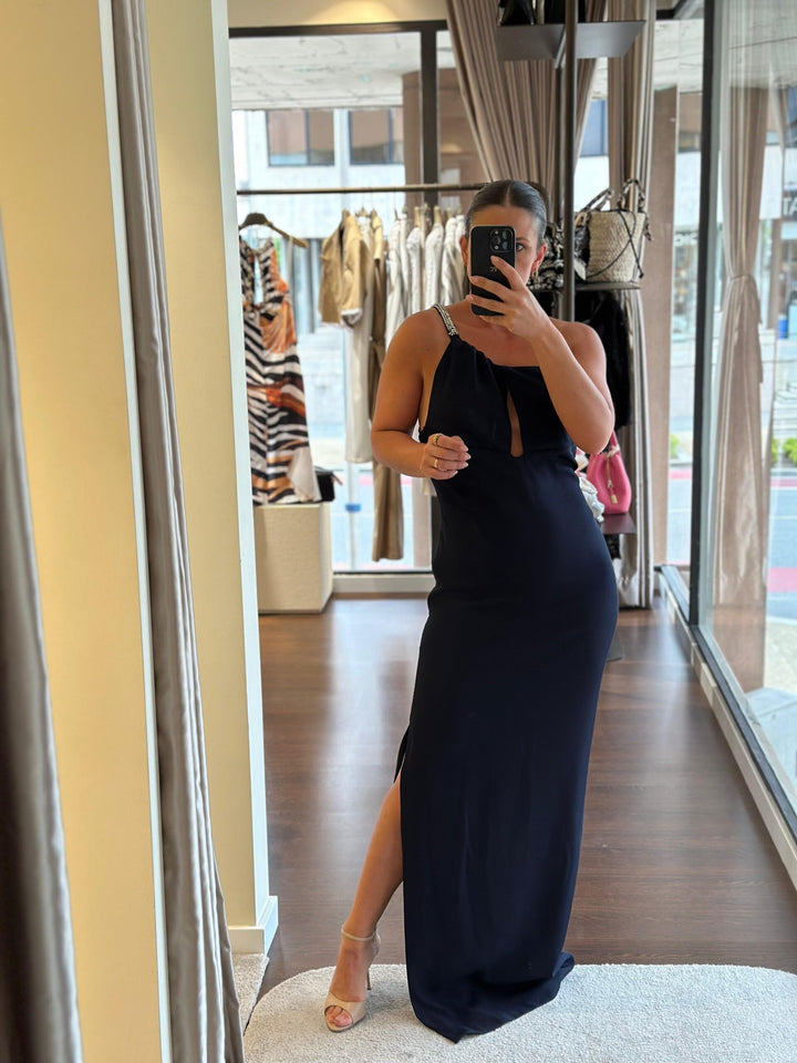VESTIDO COMPRIDO AZUL COM APLICAÇÃO JIJIL