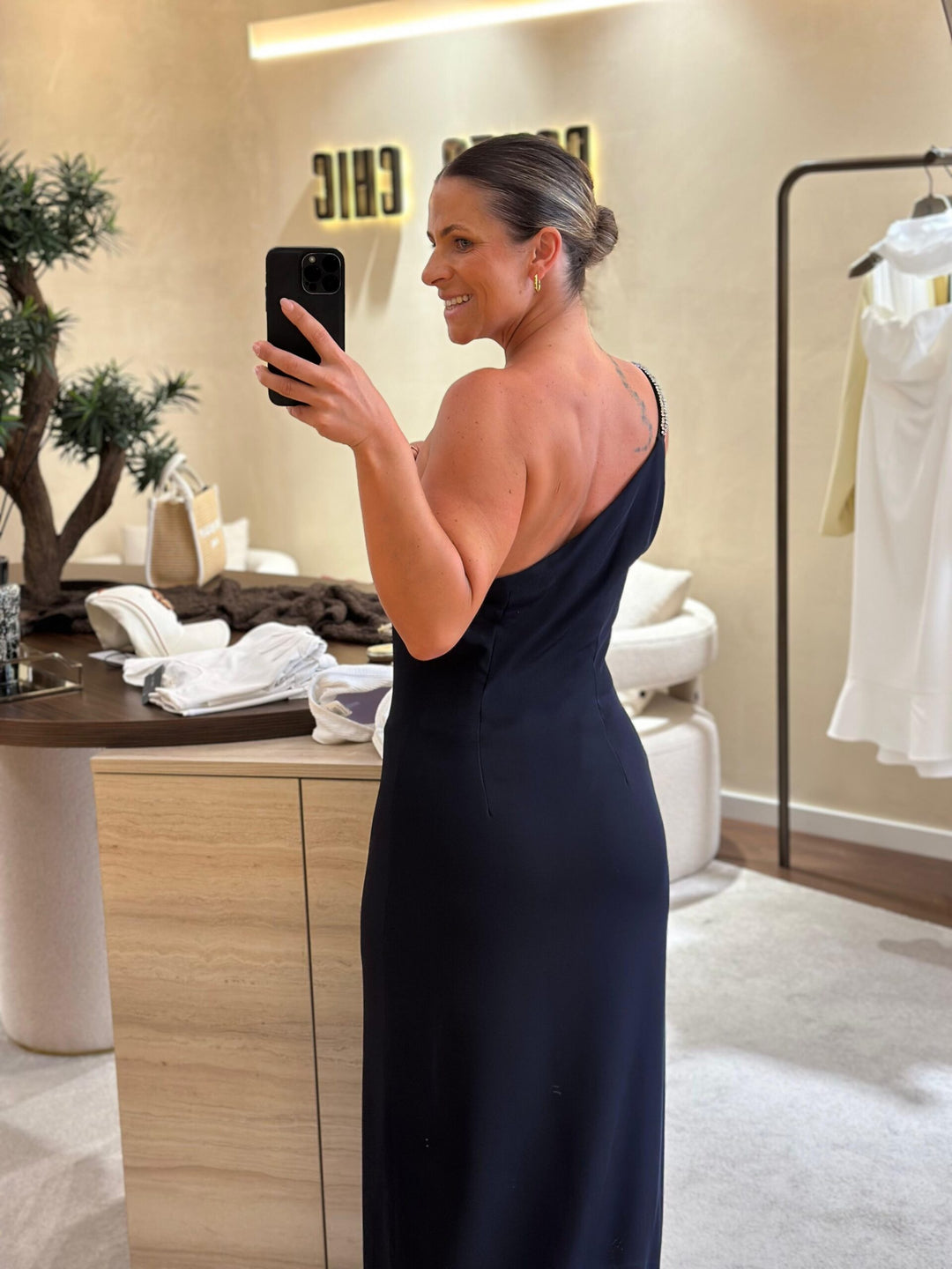 VESTIDO COMPRIDO AZUL COM APLICAÇÃO JIJIL