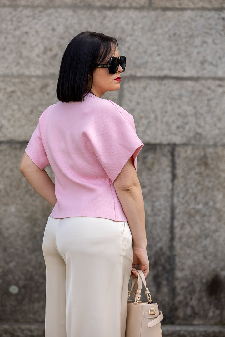 CARDIGAN ROSA DE MALHA MANGA CURTA PONTO CHIC