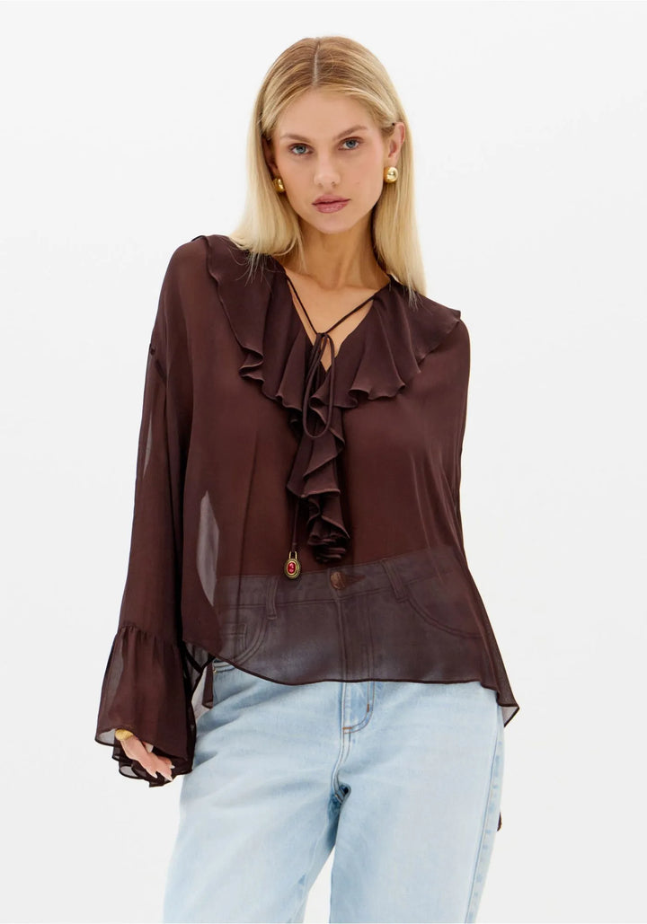 BLUSA COM FOLHOS CASTANHO ESCURO LANÇA PERFUME