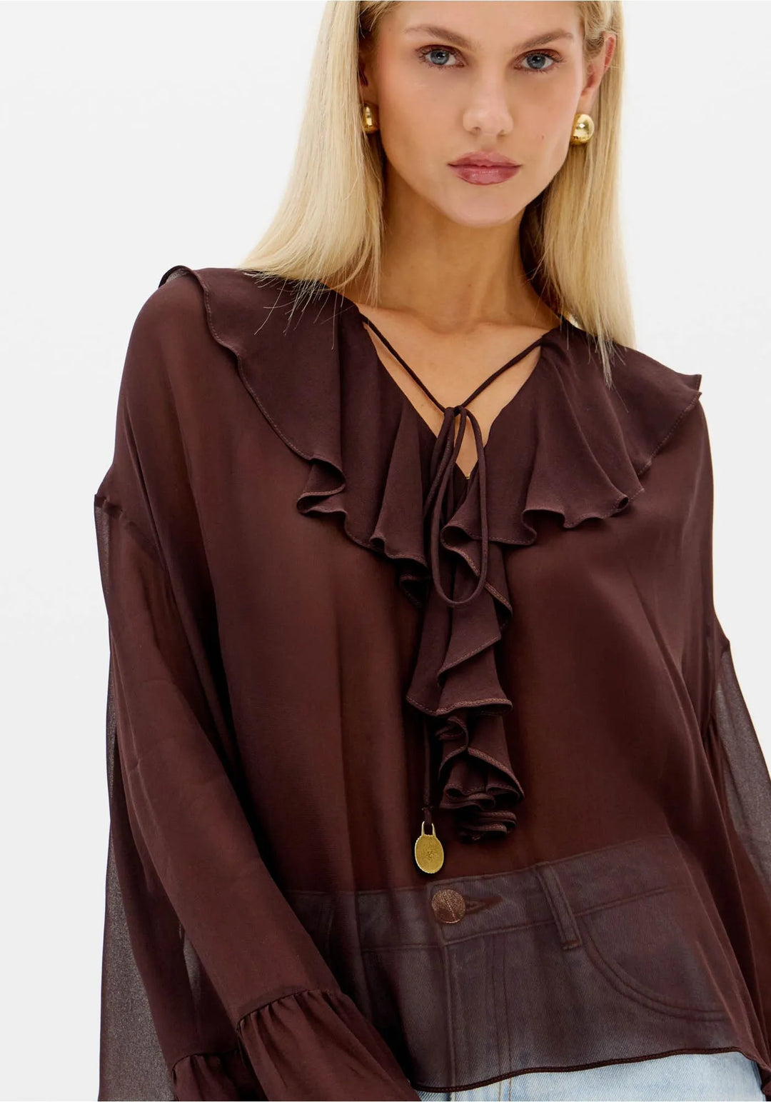 BLUSA COM FOLHOS CASTANHO ESCURO LANÇA PERFUME