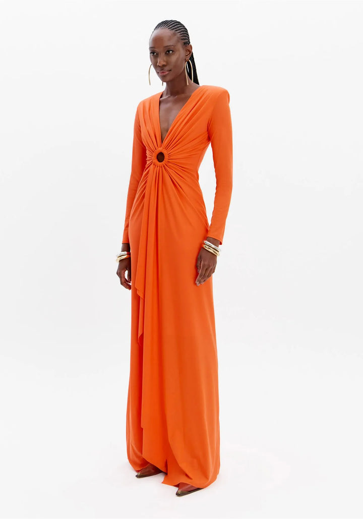 VESTIDO COMPRIDO LARANJA COM DRAPEADO LANÇA PERFUME