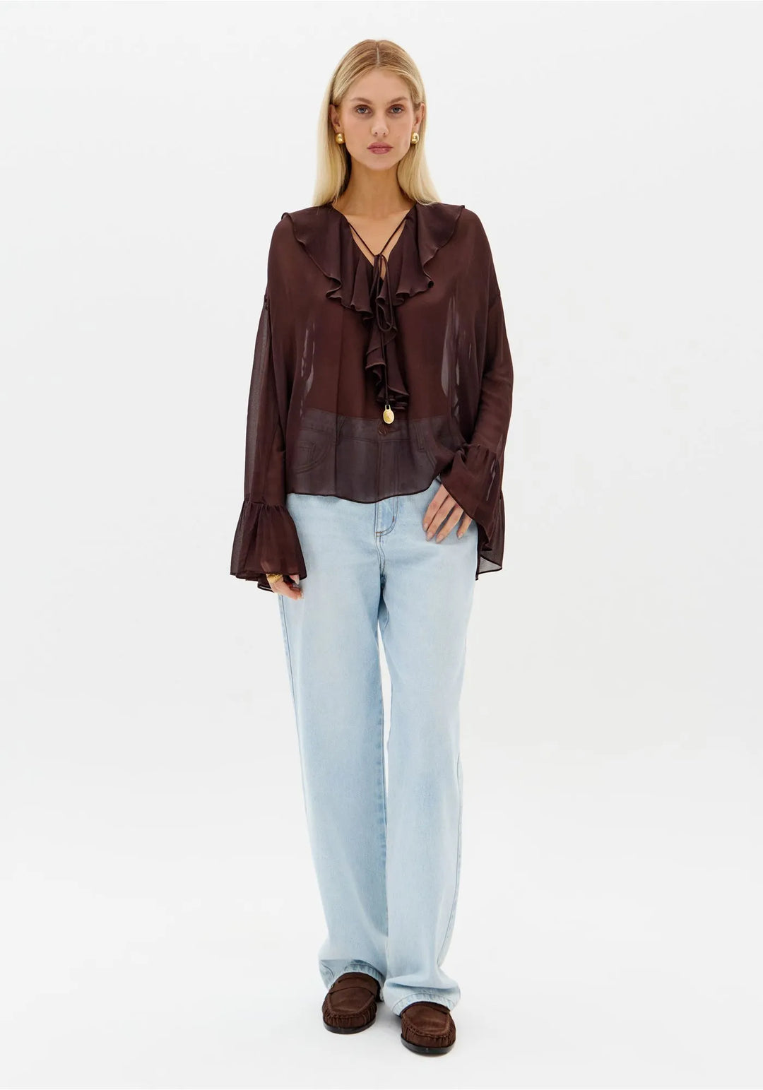 BLUSA COM FOLHOS CASTANHO ESCURO LANÇA PERFUME