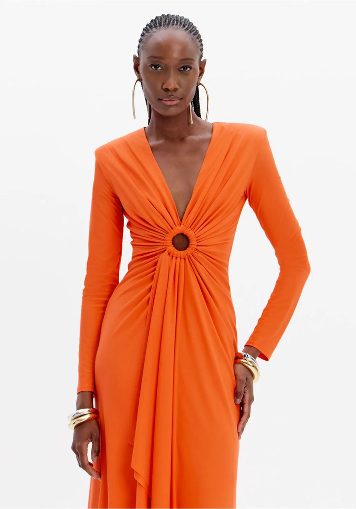 VESTIDO COMPRIDO LARANJA COM DRAPEADO LANÇA PERFUME
