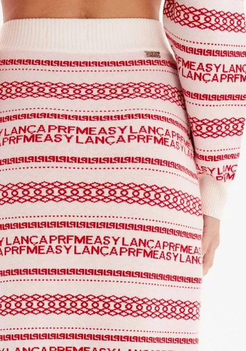 SAIA COMPRIDA TRICOT BRANCA E VERMELHA COM LOGO LANÇA PERFUME