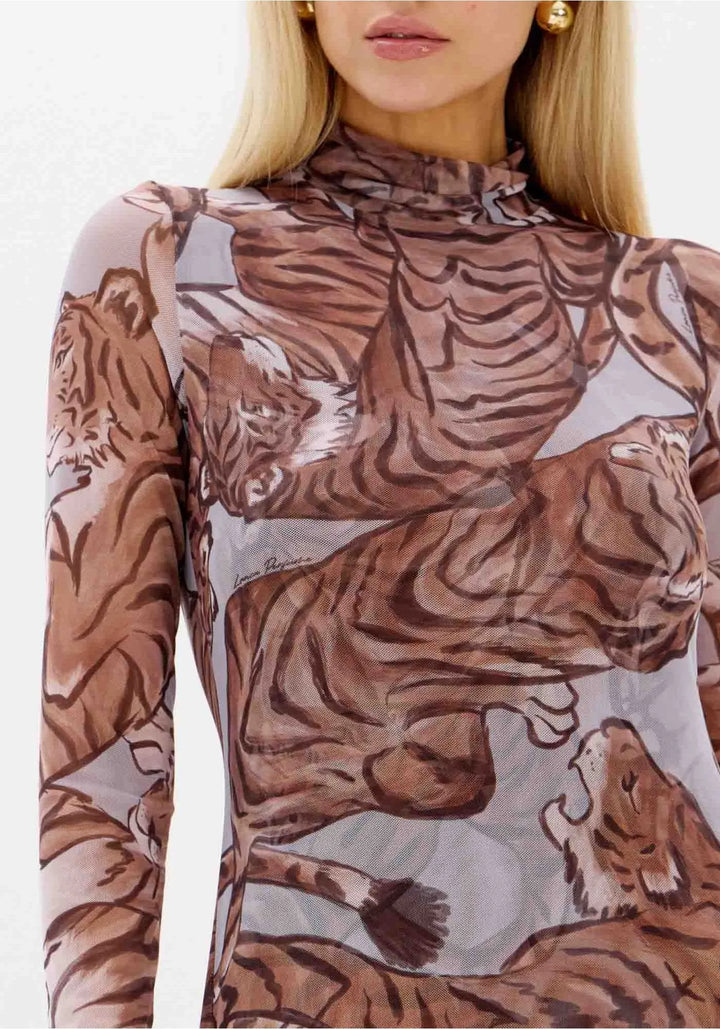 VESTIDO EM TULE ESTAMPADO TIGRE LANÇA PERFUME