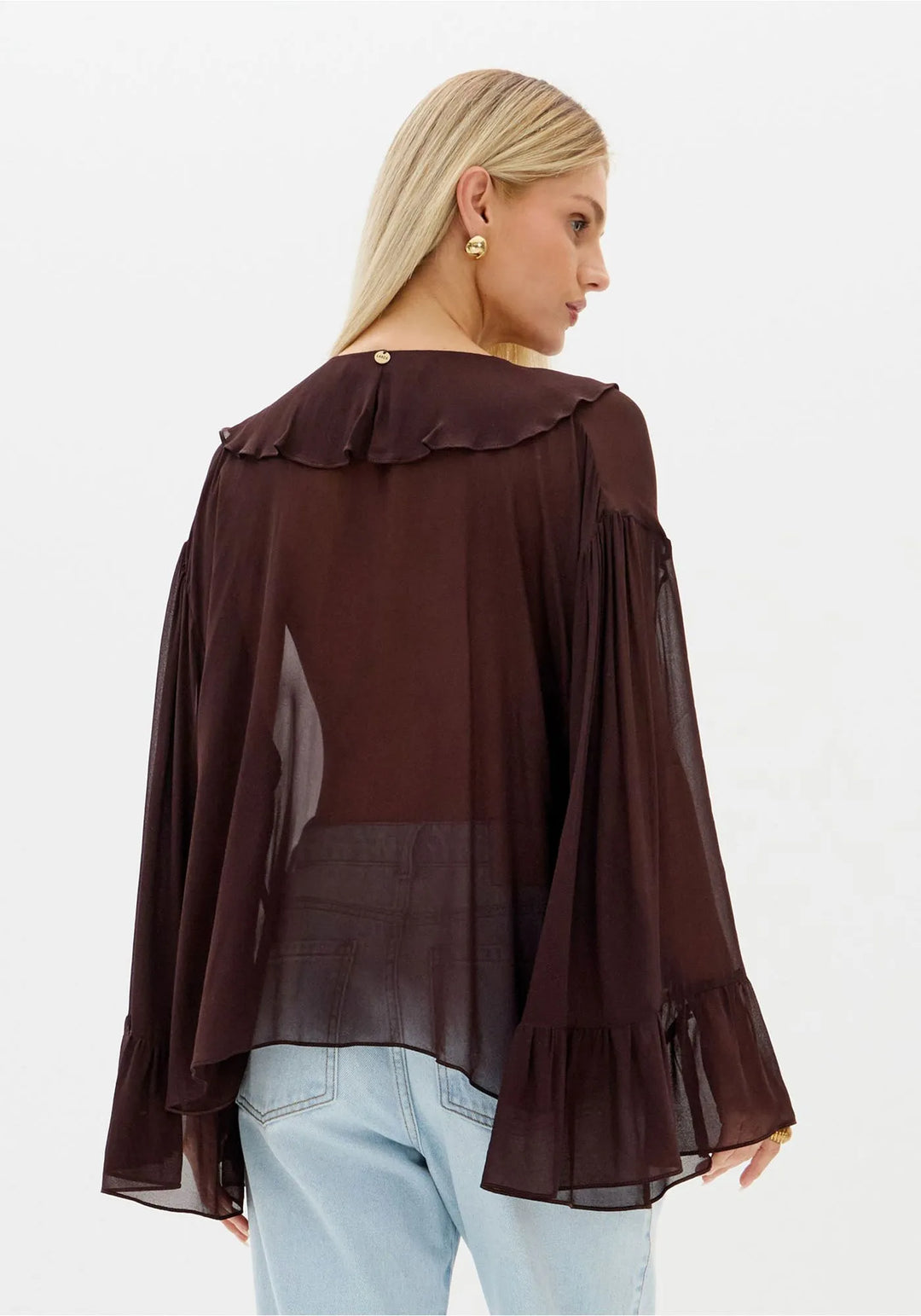 BLUSA COM FOLHOS CASTANHO ESCURO LANÇA PERFUME