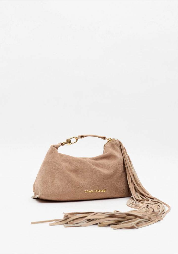 MALA CLUTCH BEGE AREIA EM CAMURÇA COM FRANJAS LANÇA PERFUME