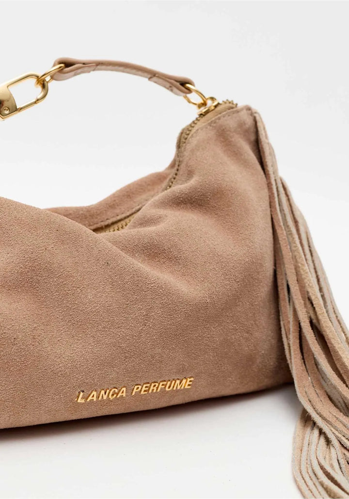 MALA CLUTCH BEGE AREIA EM CAMURÇA COM FRANJAS LANÇA PERFUME