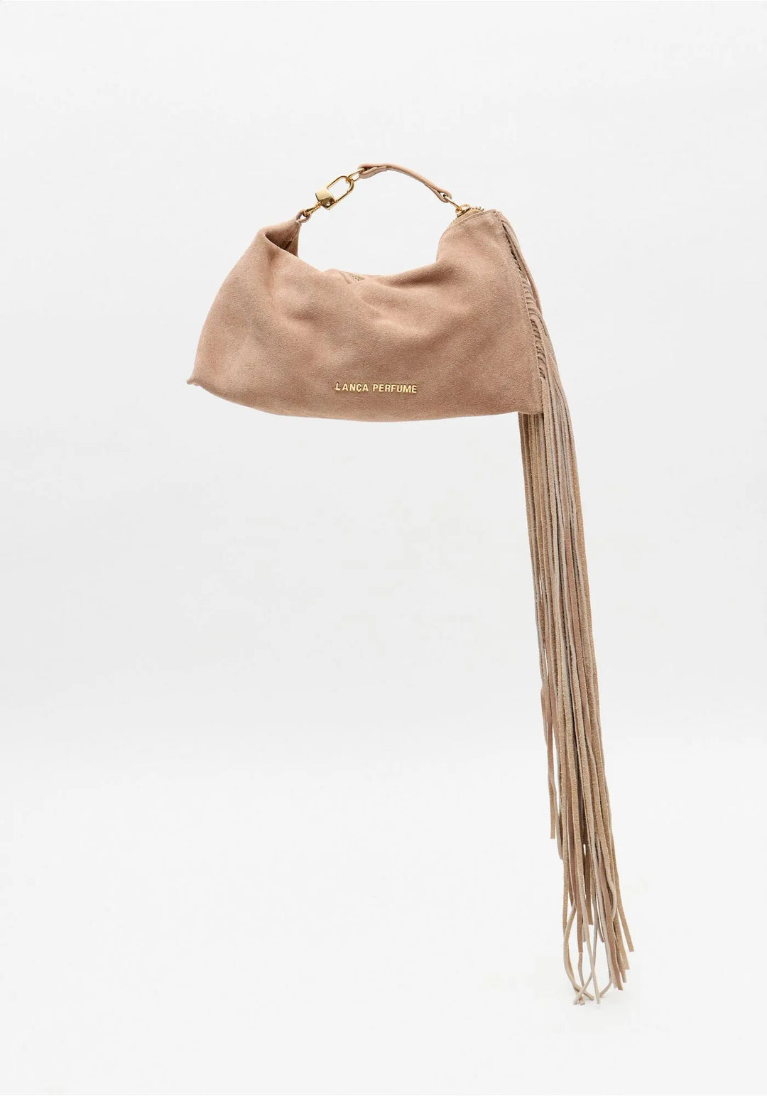 MALA CLUTCH BEGE AREIA EM CAMURÇA COM FRANJAS LANÇA PERFUME