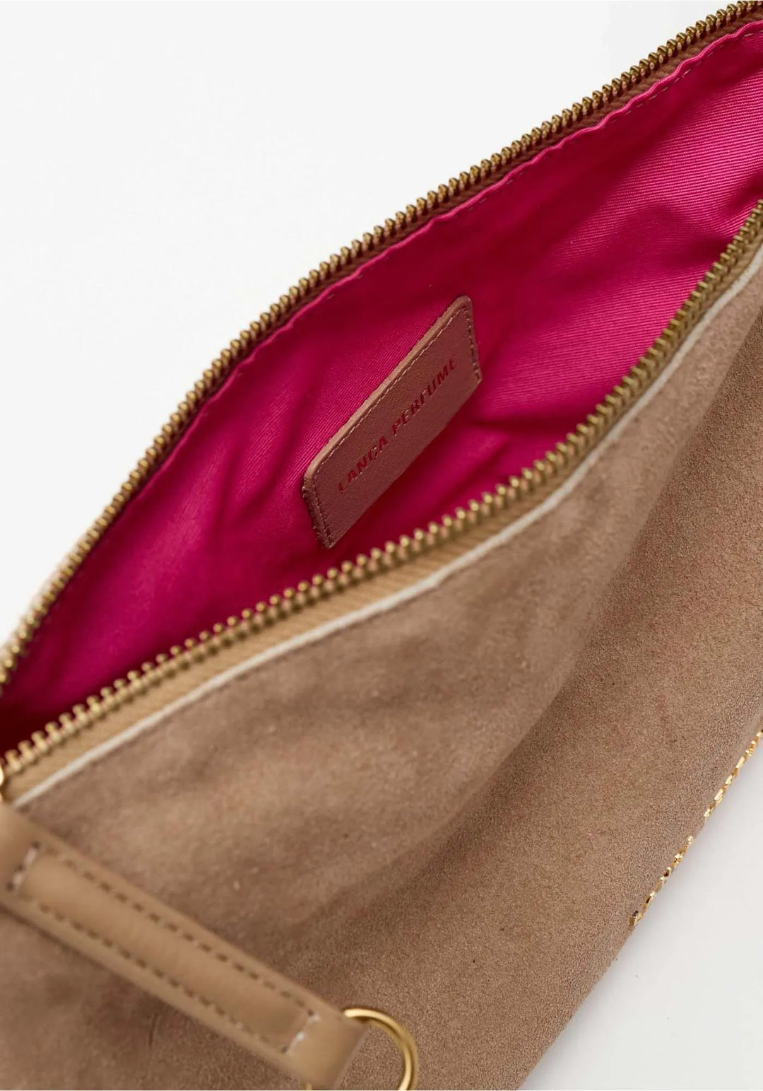 MALA CLUTCH BEGE AREIA EM CAMURÇA COM FRANJAS LANÇA PERFUME