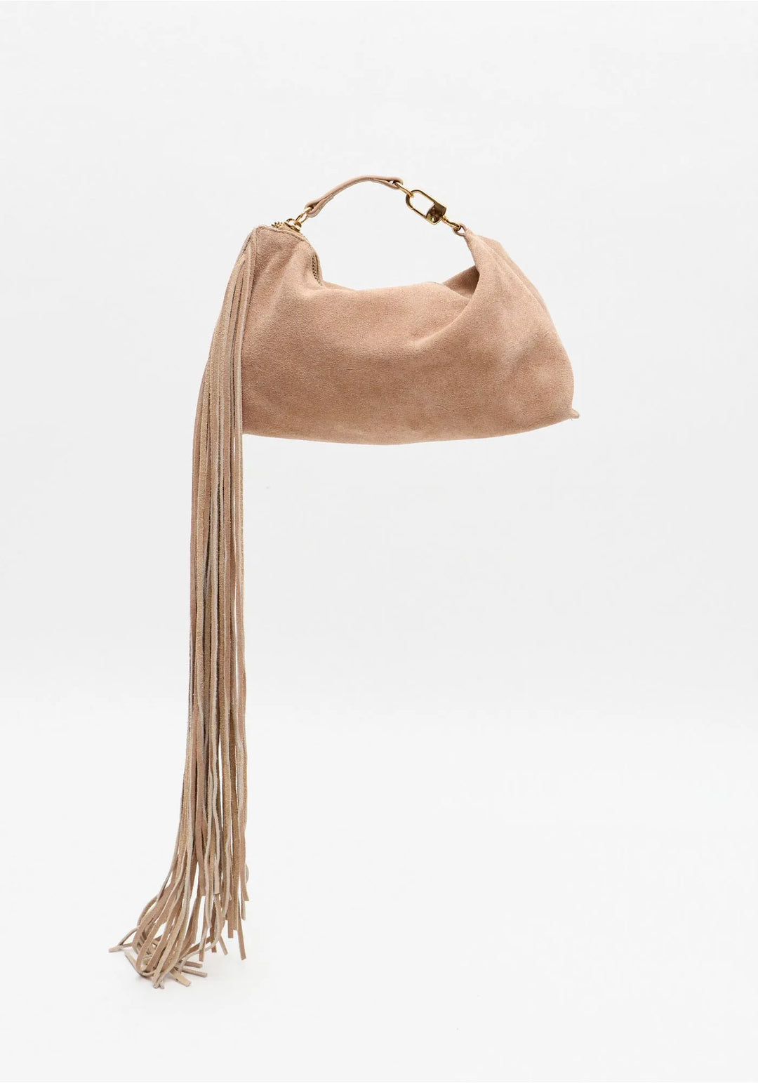 MALA CLUTCH BEGE AREIA EM CAMURÇA COM FRANJAS LANÇA PERFUME