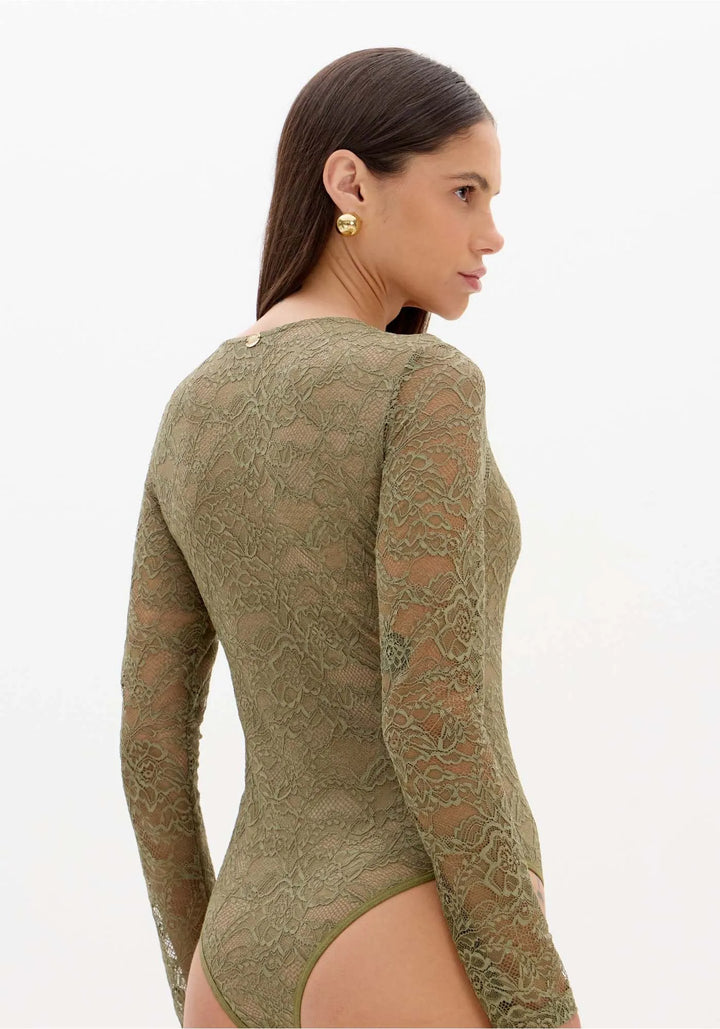 BODY VERDE OLIVA EM RENDA LANÇA PERFUME