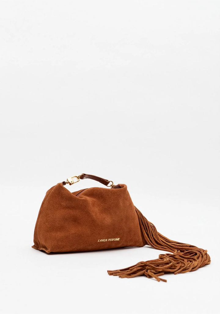 MALA CLUTCH CASTANHO CONHAQUE EM CAMURÇA COM FRANJAS LANÇA PERFUME