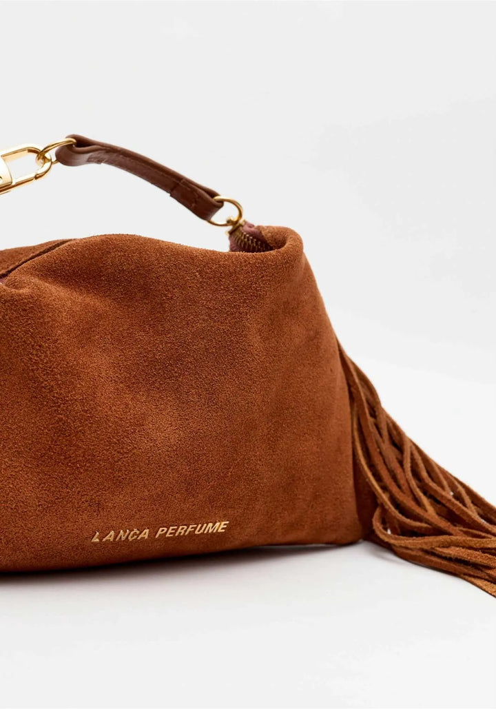 MALA CLUTCH CASTANHO CONHAQUE EM CAMURÇA COM FRANJAS LANÇA PERFUME