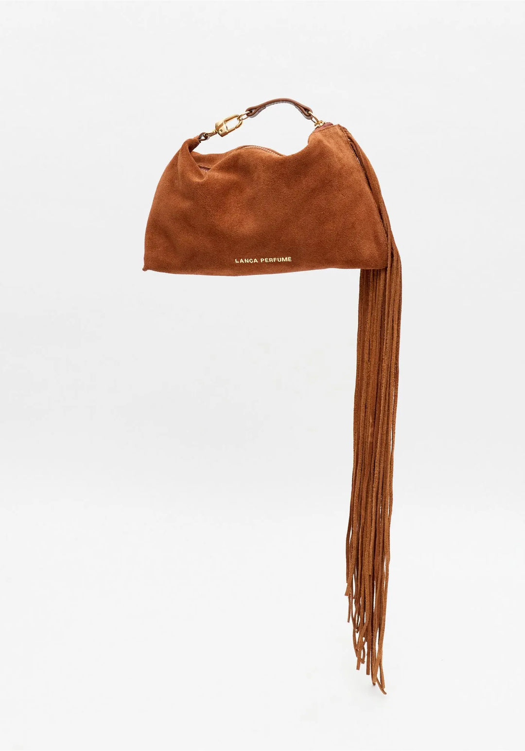 MALA CLUTCH CASTANHO CONHAQUE EM CAMURÇA COM FRANJAS LANÇA PERFUME