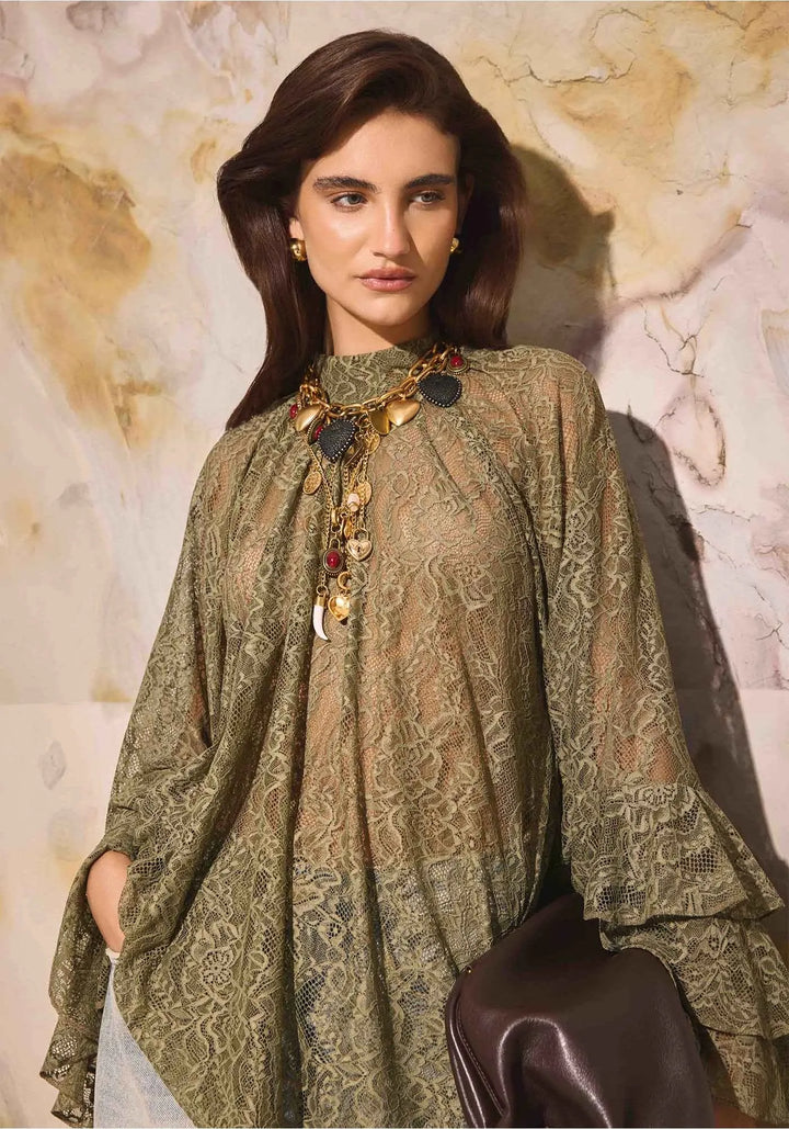 VESTIDO EM RENDA VERDE OLIVA LANÇA PERFUME