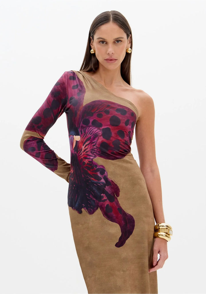 VESTIDO COMPRIDO ESTAMPADO COM DECOTE ASSIMÉTRICO LANÇA PERFUME