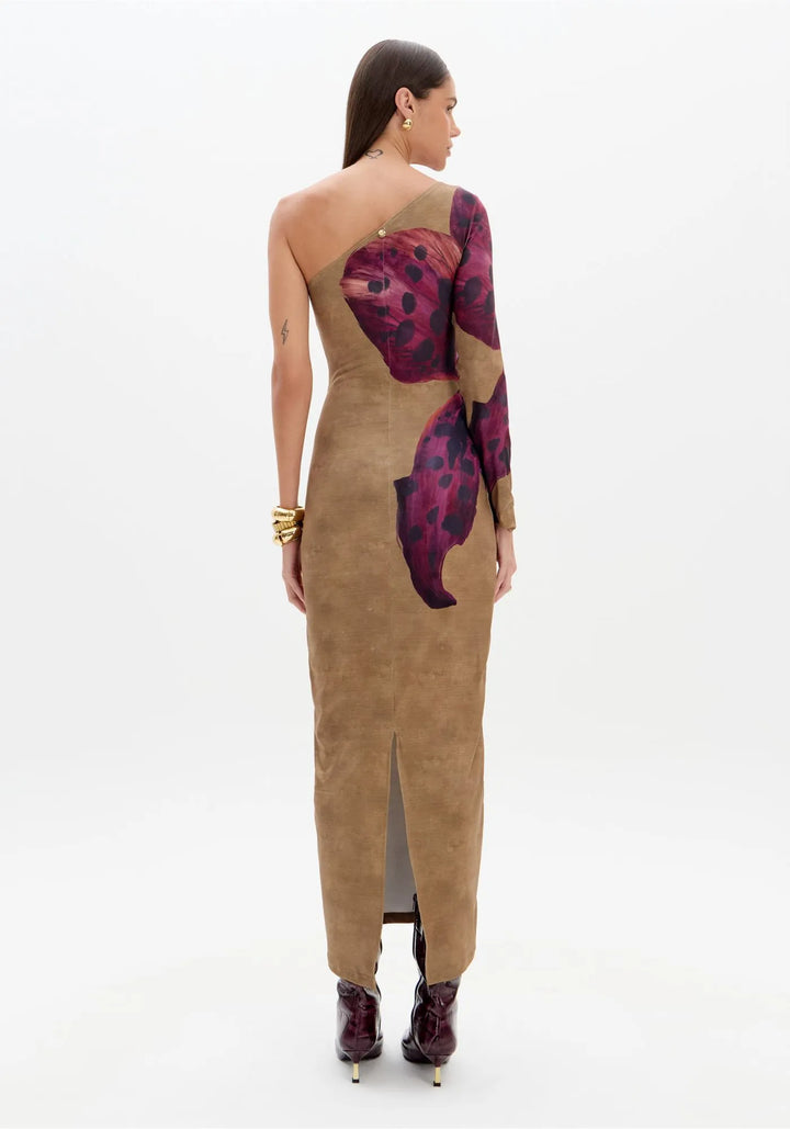 VESTIDO COMPRIDO ESTAMPADO COM DECOTE ASSIMÉTRICO LANÇA PERFUME