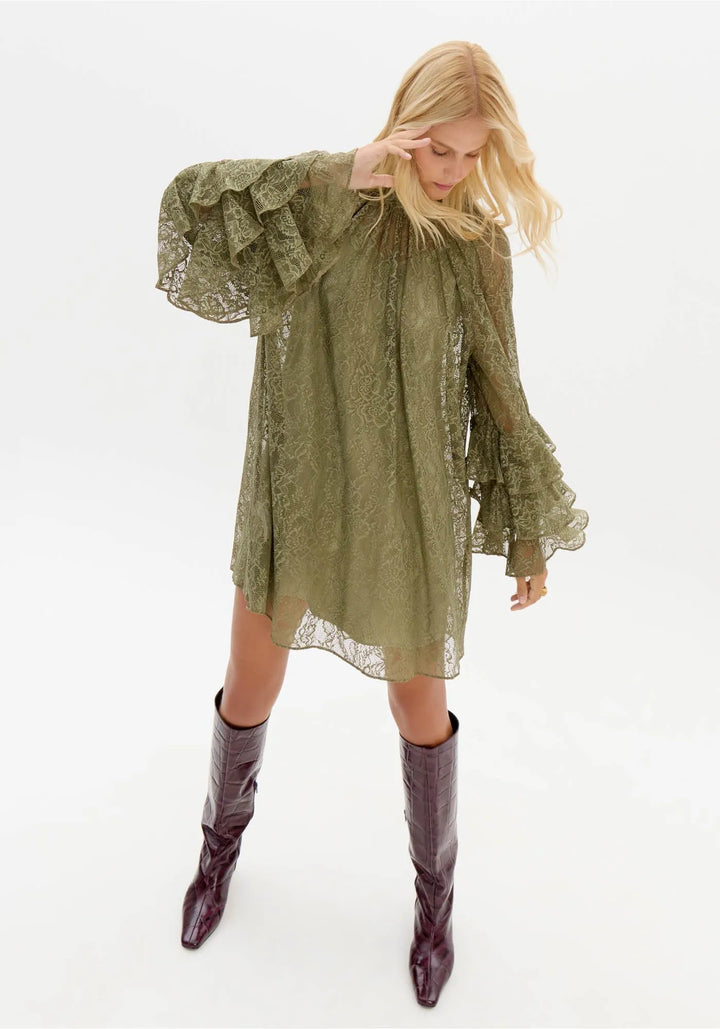 VESTIDO EM RENDA VERDE OLIVA LANÇA PERFUME