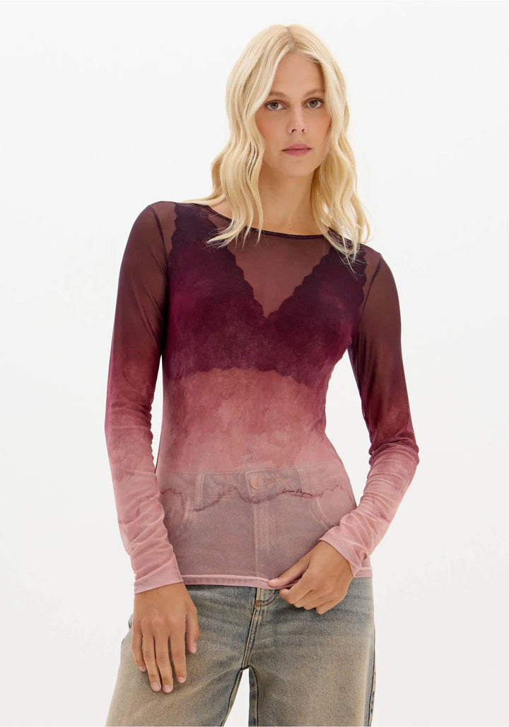 BLUSA DEGRADÊ VINHO E ROSA EM TULE LANÇA PERFUME