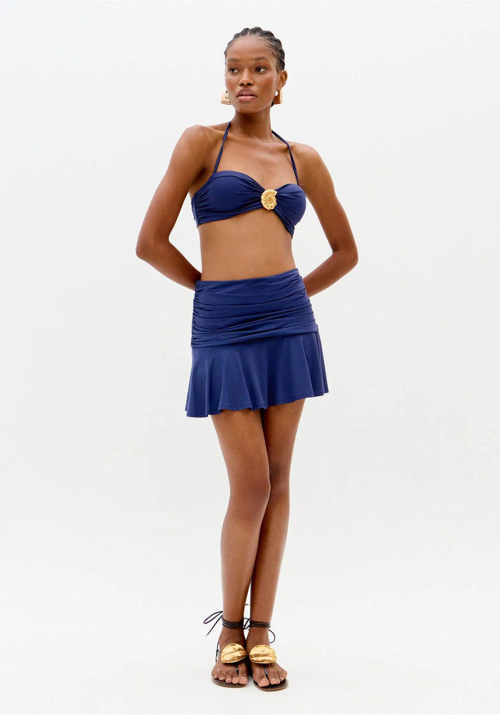 SAIA AZUL DRAPEADA COM FOLHO LANÇA PERFUME
