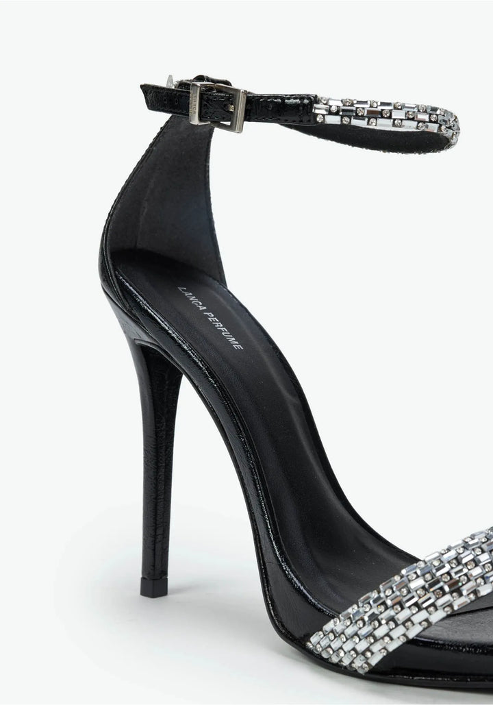 SANDÁLIA TIRAS STRASS PRETO LANÇA PERFUME